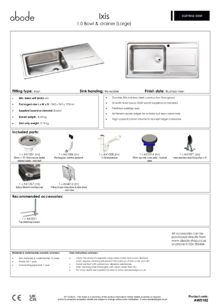 AW5102 Ixis Stainless Steel Inset Sink, Single Bowl with Drainer (Large) - Consumer Spec