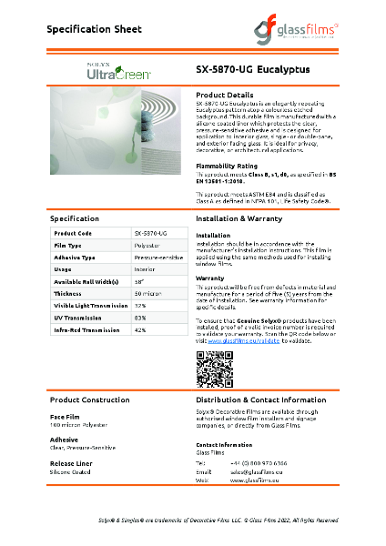 SX-5870-UG Eucalyptus Window Film - Product Data Sheet