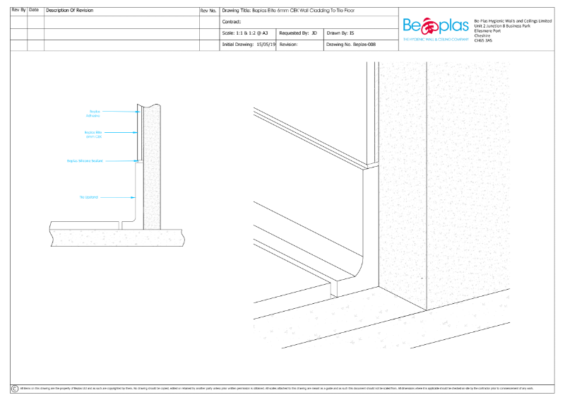 Beplas Elite CE-K Wall Cladding to tile floor detail drawing