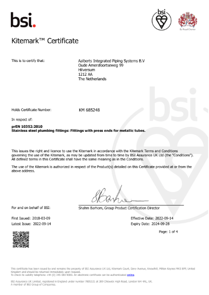 BSI Kitemark Certificate - XPress Stainless Steel GAS