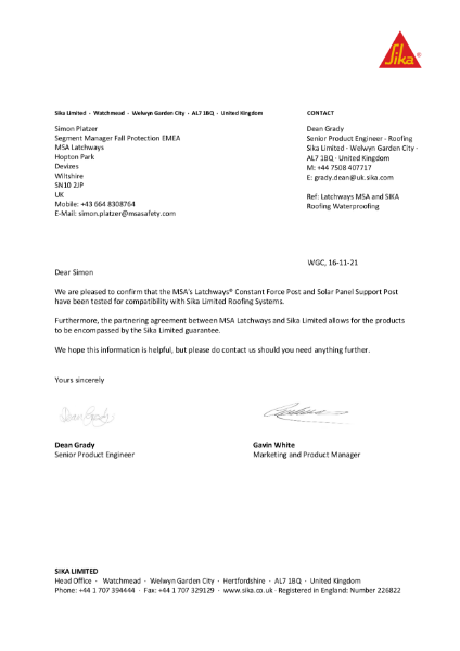 Sika Manufacturer Approval Letter