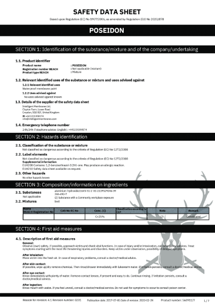 Poseidon - Polymer Based Waterproof Coating - Safety Datasheet