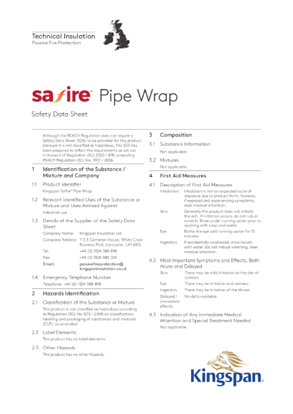 Kingspan Safire Pipe Wrap Safety Information