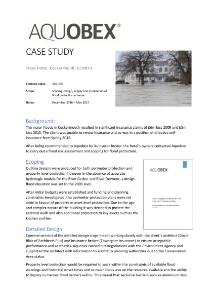 Trout Hotel Case Study illustrating the high quality specification, support, design and products Aquobex offers in delivering bespoke flood protection for commercial properties