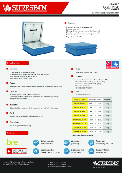 Data Sheet - SRHP50 Roof Access Hatch