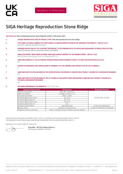 Declaration of Performance - SIGA Heritage Reproduction Stone Ridge