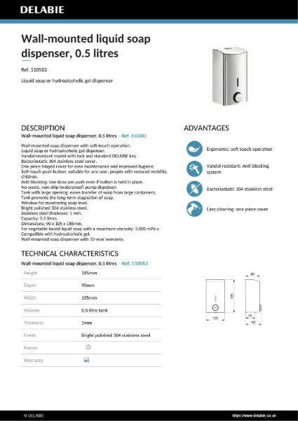 Push-Button Soap Dispenser - Bright Polished, 0.5 Litre Product Data Sheet
