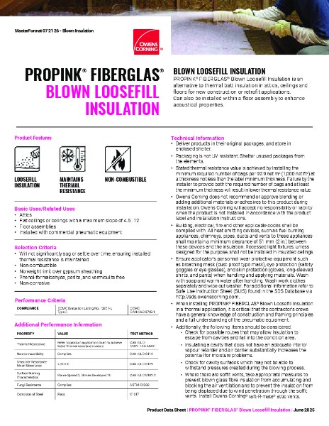 ProPink Fiberglas Blown Insulation Data Sheet