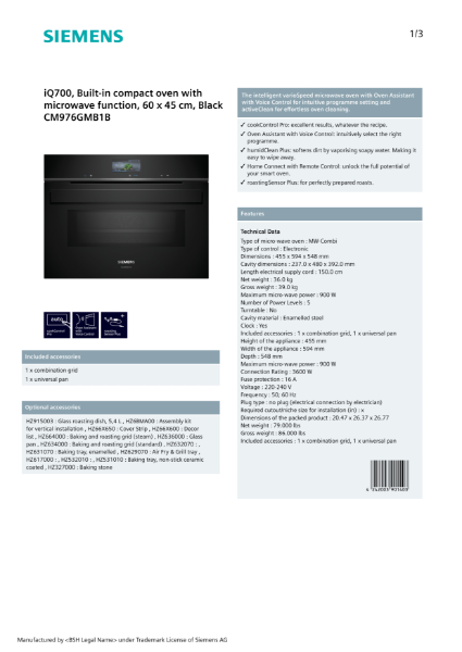 iQ700, Built-in compact oven with microwave function, 60 x 45 cm, Black CM976GMB1B