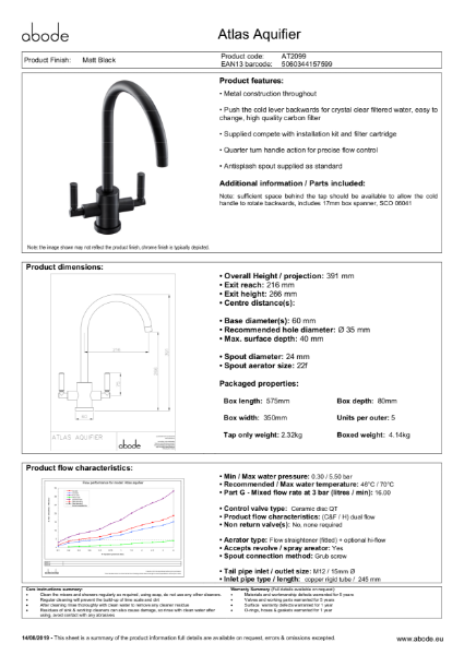 Atlas Aquifier (Matt Black) Consumer Specification