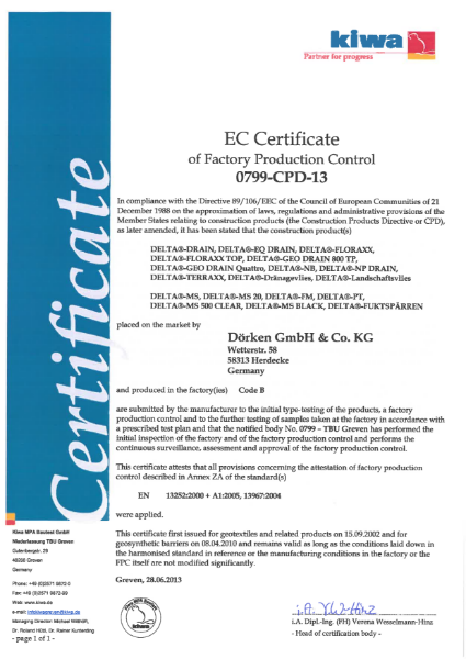 Delta EC Certificate of Factory Production Control 0799-CPD-13