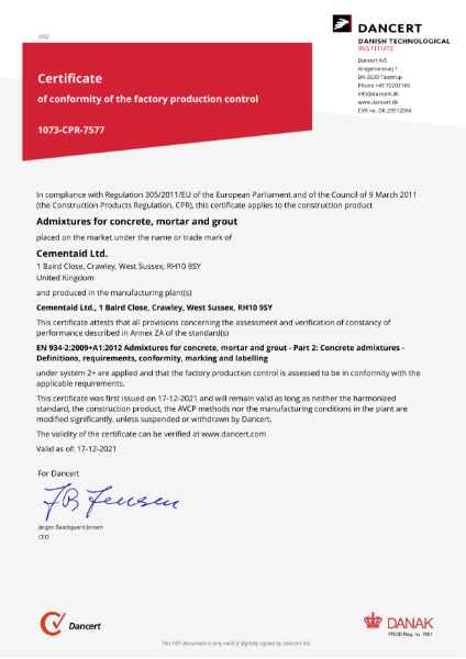 Certificate of conformity of the factory production control: 1073-CPR-7577