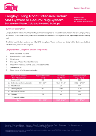 Extensive Sedum Mat System or Sedum Plug System Data Sheet
