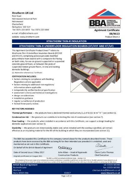 08/4613 Xtratherm Thin-R Underfloor Insulation Boards (XT/HYF and XT/UF) (Product Sheet 2)