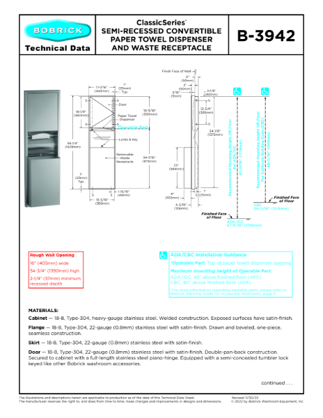 ClassicSeries® Semi-Recessed Convertible Paper Towel Dispenser and Waste Receptacle - B-3942