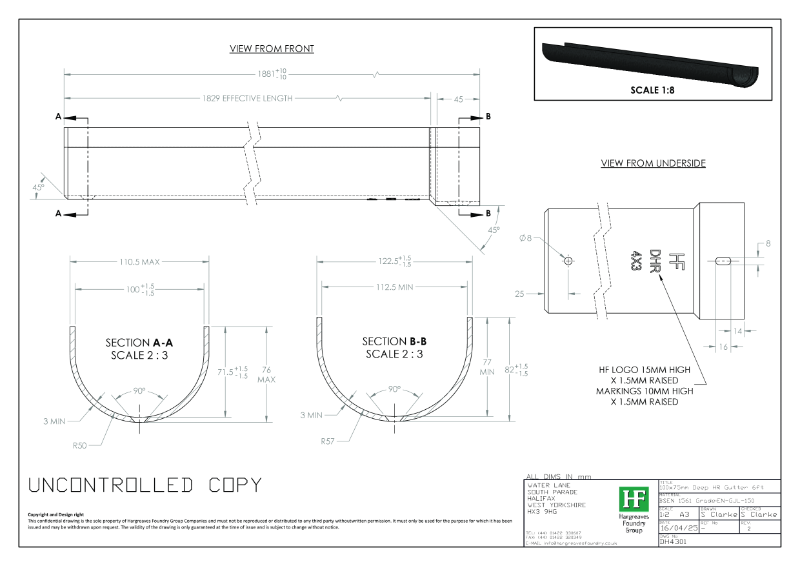100x75mm Deep Half Round Gutter Drawing