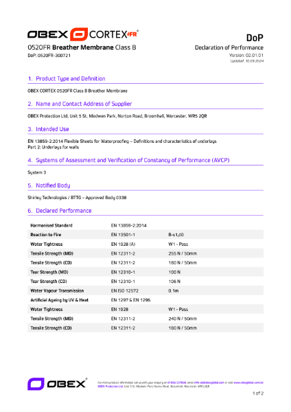 OBEX CORTEX 0520FR, Class B, W1, Breather Membrane - DoP