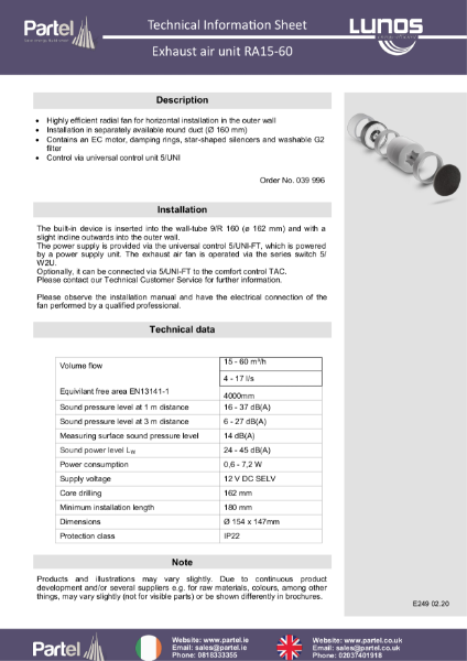 LUNOS RA 15-60 Technical Data Sheet