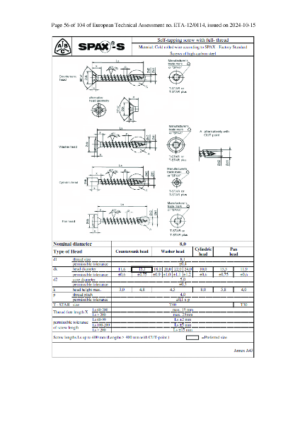 SPAX WIROX Coated Cylindrical Head Timber Construction Data Sheet