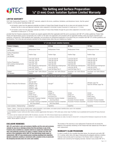 TS-SP 1/8" (3mm) Crack Isolation System Limited Warranty