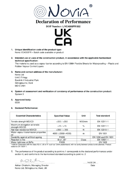 Novia VC4000FR AVCL Declaration of Performance