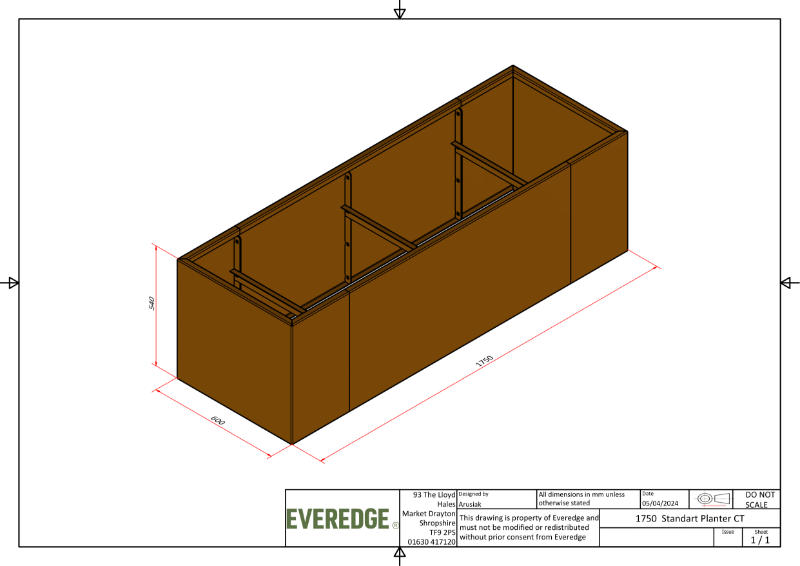 EverEdge Standard 1750mm Cor-Ten Planter CAD Drawing