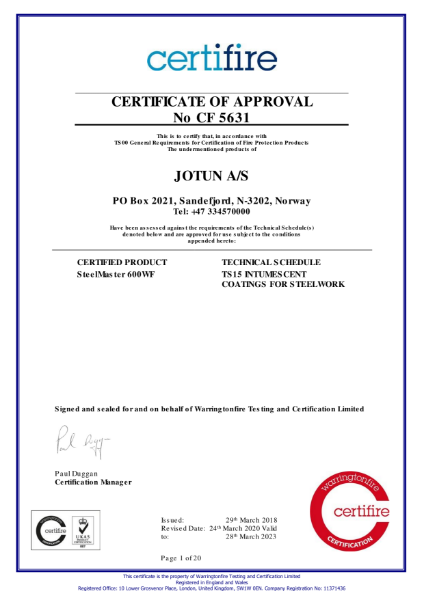 Steelmaster 600WF Certifire Certificate of approval