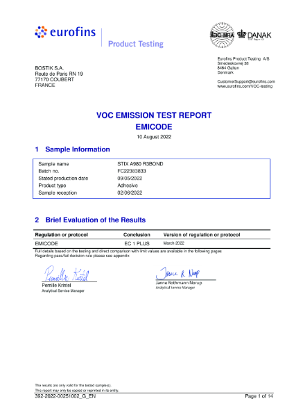 R3BOND® SYSTEM VOC emission test report