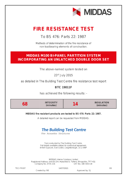MIDDAS M100 Bi-Panel Partition System
Incorporating an Unlatched Double Door Set Fire Resistance Certificate 
60mins Integrity. To BS 476: Parts 22: 1987