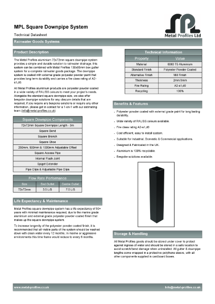 Metal Profiles - Square Downpipe System TDS (72mm x72mm)