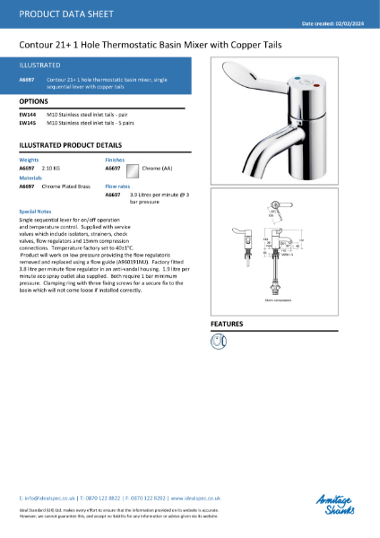 Contour 21+ Thermostatic Basin Mixer Tap - A6697AA