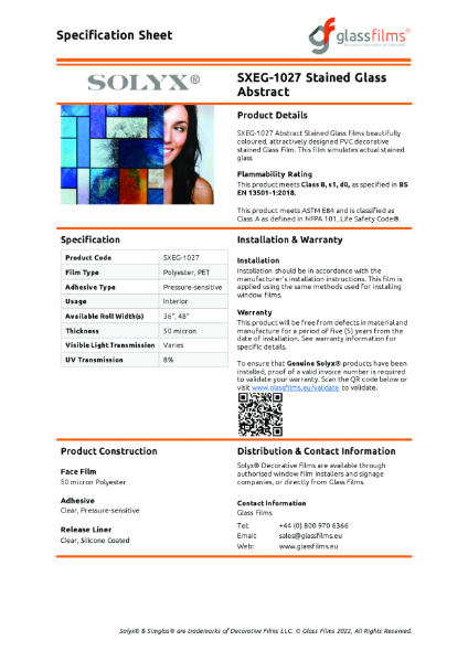 SXEG-1027 Stained Glass Abstract Specification Sheet