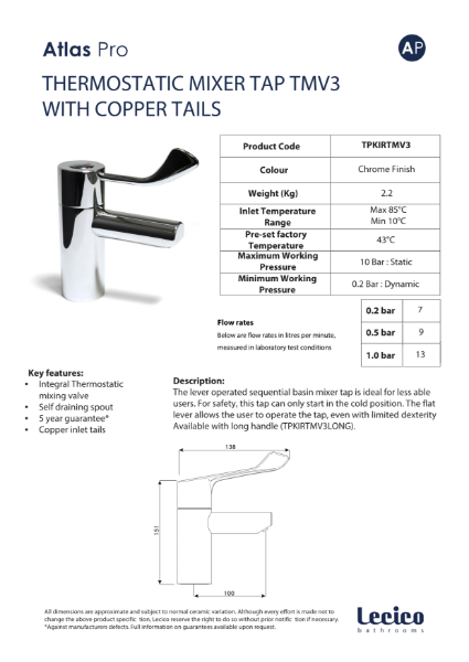 Kirkby Thermostatic Mixer Tap TMV3 - Copper tails