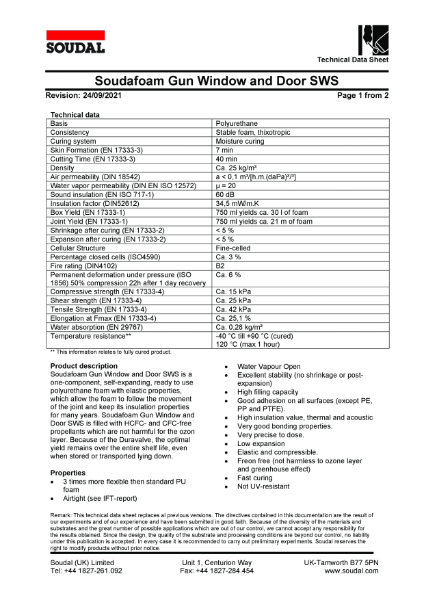 Technical Data Sheet - Soudafoam Gun Window and Door SWS