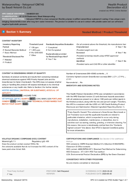 HPD - Health Product Declaration - Waterproofing - Vetoproof CM745