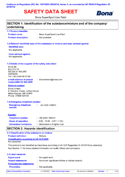 Bona SuperSport Line Marking Paint - Safety Data Sheet