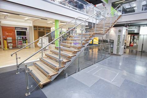 Glass balustrade +  Spotlight - Central staircase The Building Centre London