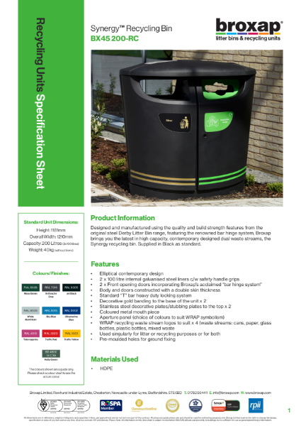 Synergy Recycling Bin Specification Sheet