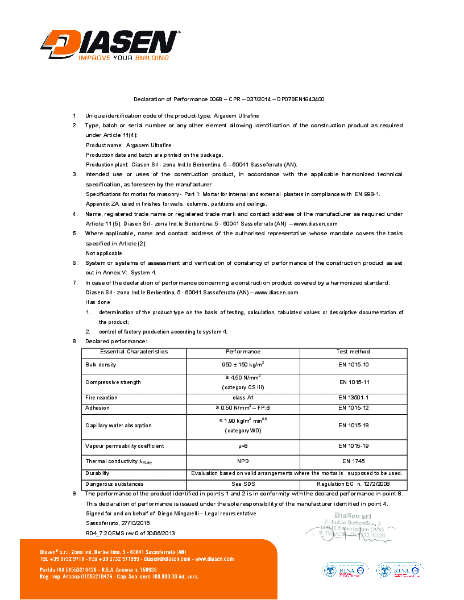 Diasen Argacem Ultrafine Declaration of Performance (DOP)
