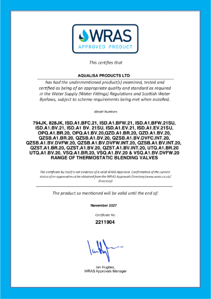 Aqualisa WRAS Approval Certificate 2211904