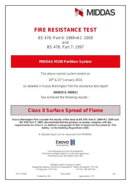 MIDDAS M100 Solid Partition Fire Resistance Certificate 
Class 0 Surface Spread of Flame to BS 476: Part 6: 1989+A1: 2009 and BS 476: Part 7: 1997