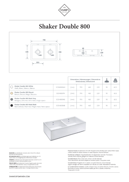 Shaker 800 Double Bowl Kitchen Sink - PDS