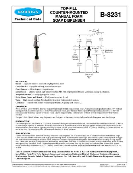 Top-Fill Counter-Mounted Manual Foam Soap Dispenser - B8231