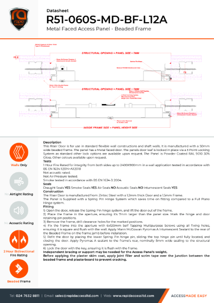 Datasheet - Metal Faced Riser Door Beaded Frame 1 Hour Fire Rated Smoke Tested R51-060S-MD-BF-L12A