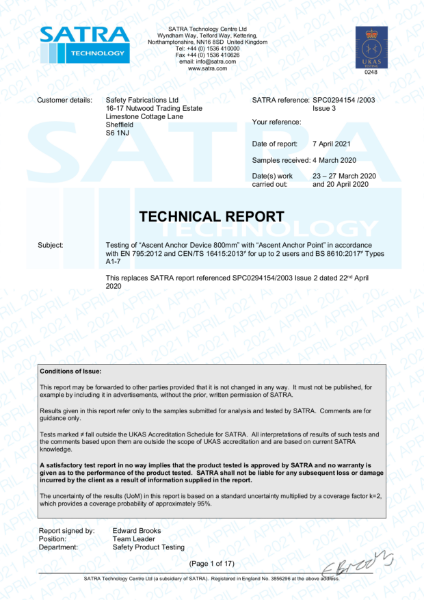 Testing of Anchor Device for Fall Protection and Abseil in accordance with BS8610:2017 and EN 795:2012 and CEN/TS 16415:2013