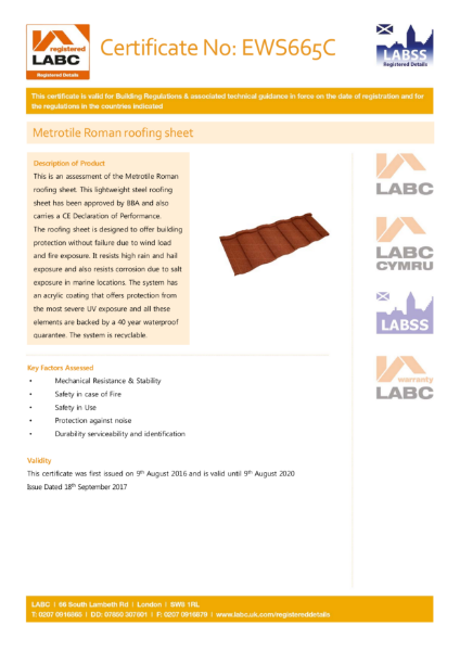 LABC Metrotile Roman Roofing Sheet Certificate