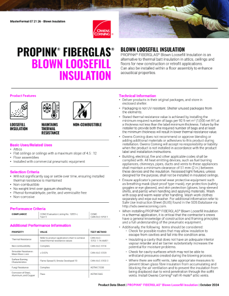 ProPink Fiberglas Blown Insulation Data Sheet