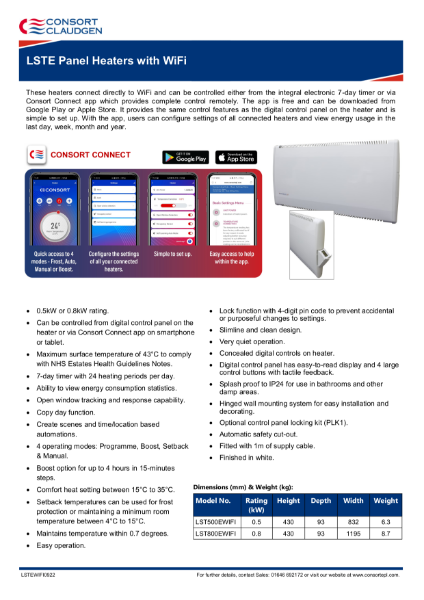 LSTE Panel heater with Wi-Fi data sheet