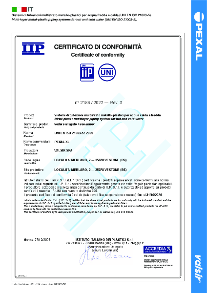Pexal XL Certificate of Conformity EN 21003