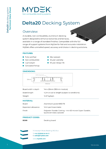 Data Sheet - MyDek Delta20 Aluminium non-combustible decking board